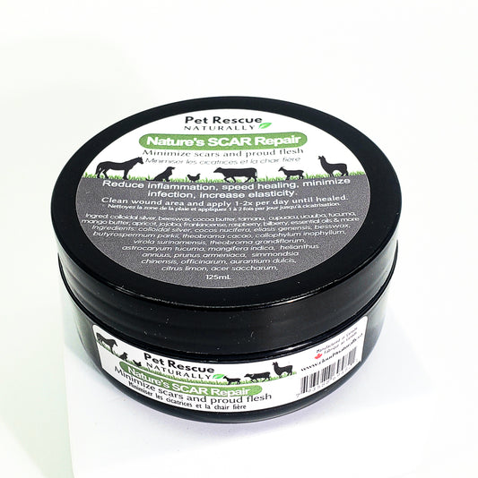 125ml black plastic round flat container. Natures scar repair with picture of horse, cow, chicken, cow, goat and lama.