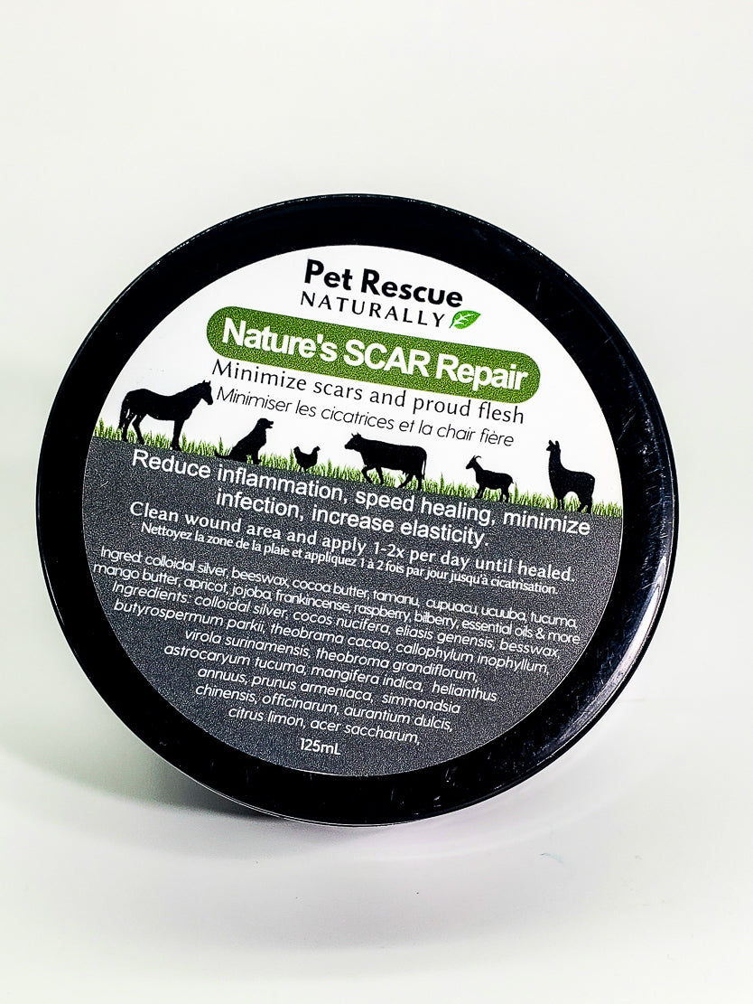 125ml black plastic round flat container. Natures scar repair with picture of horse, cow, chicken, cow, goat and lama.