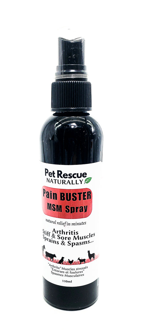 110ml Black plastic Pet Rescue Pain Buster arthritis spray with a picture of a horse, cow, dog chicken goat and lama. Has a black plastic spray top.
