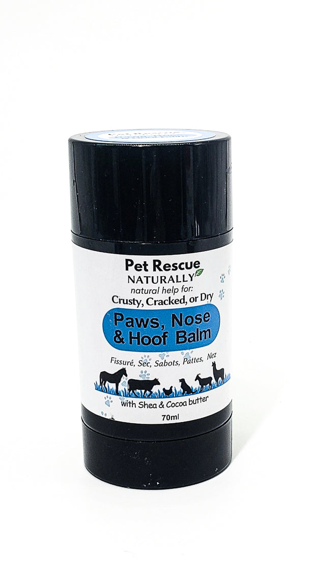 Paws , nose and hoof balm Plastic 70ml in black cylinder push up style with black lid.  Blue label with a picture of a horse,cow, chicken,dog, goat and Lama.