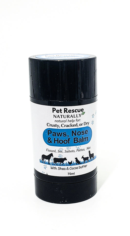 Paws , nose and hoof balm Plastic 70ml in black cylinder push up style with black lid.  Blue label with a picture of a horse,cow, chicken,dog, goat and Lama.