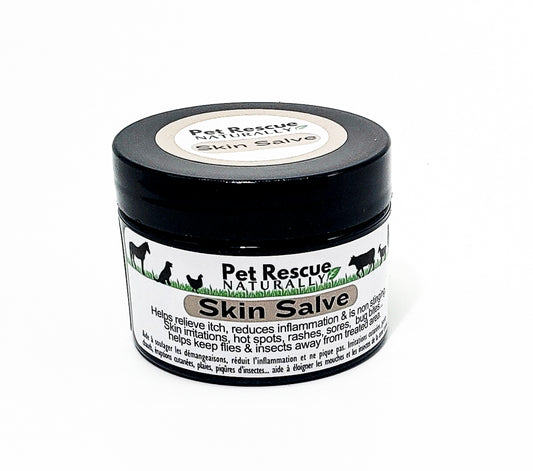 30ml black plastic small round Pet Rescue Skin Salve .  with a picure of a horse, dog, chicken, cow, goat and lama.
