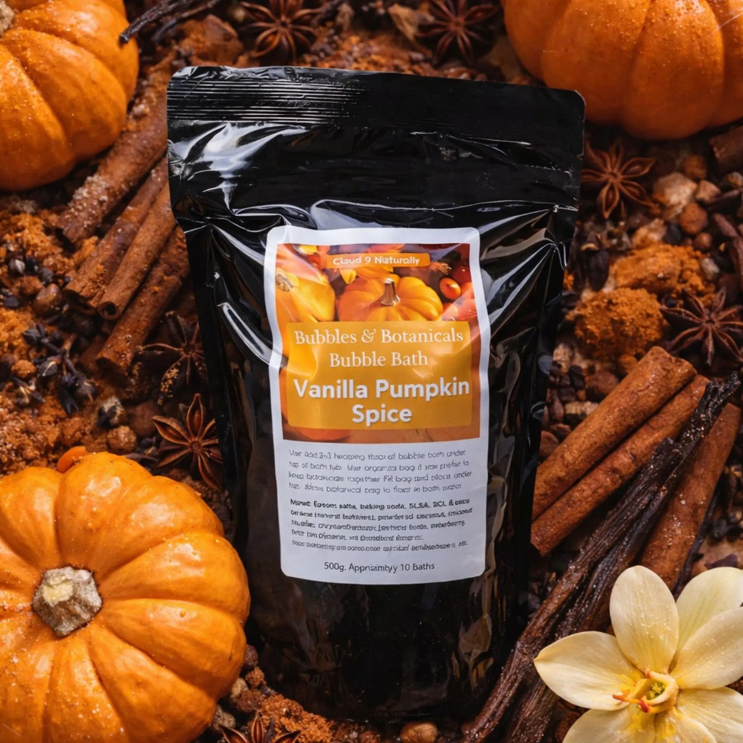 Vanilla Pumpkin Spice Bubble bath surrounded with spices and pumpkin