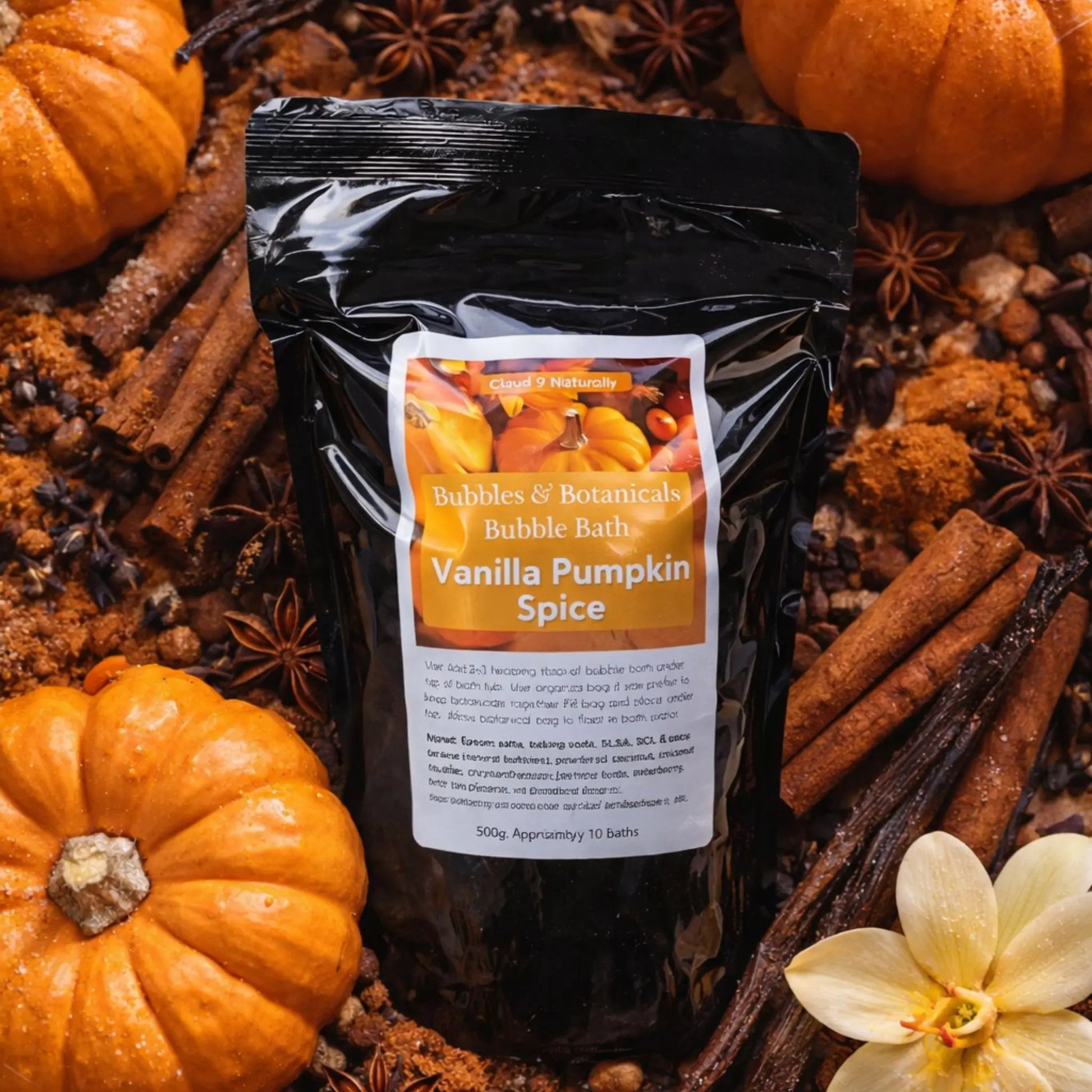 Vanilla Pumpkin Spice Bubble bath surrounded with spices and pumpkin