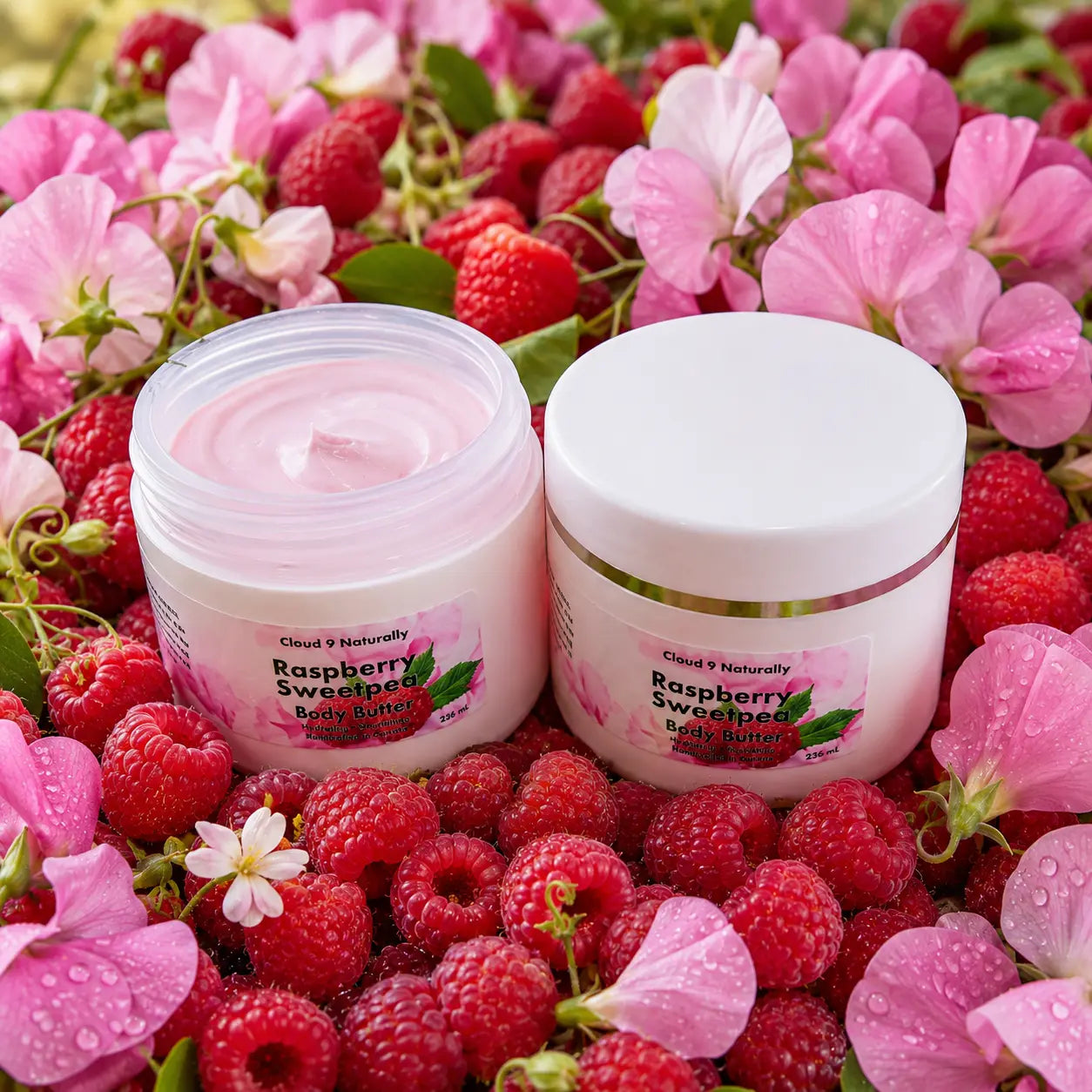 Two Raspberry Sweetpea Body Butter on a bed of raspberries and sweet peas