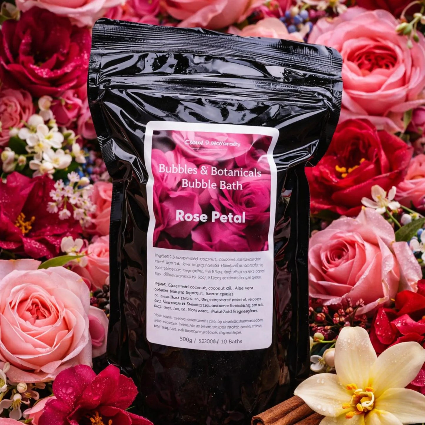 Rose Petal Herbal Bubble Bath surrounded by roses