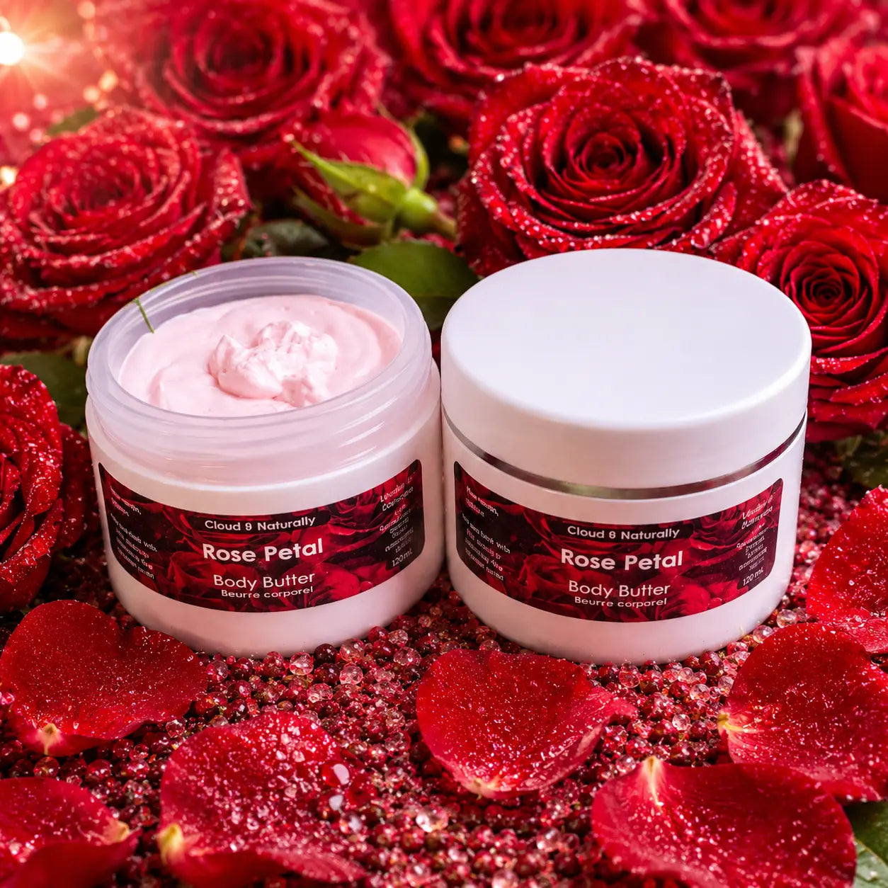 Two Rose petal body butter on a bed of roses