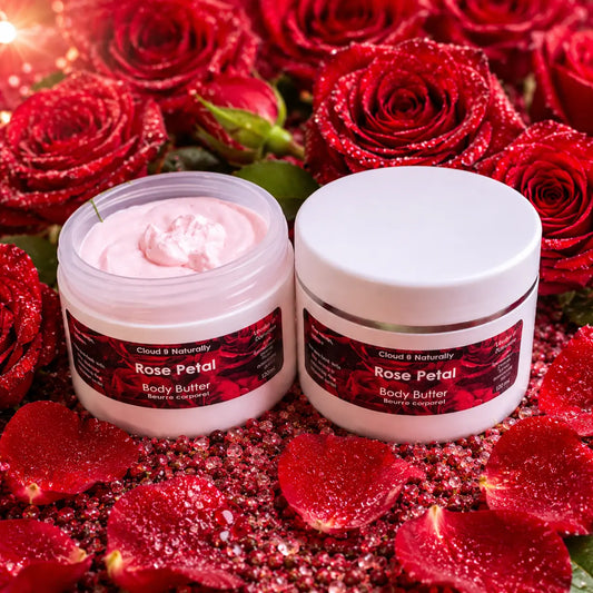Two Rose petal body butter on a bed of roses