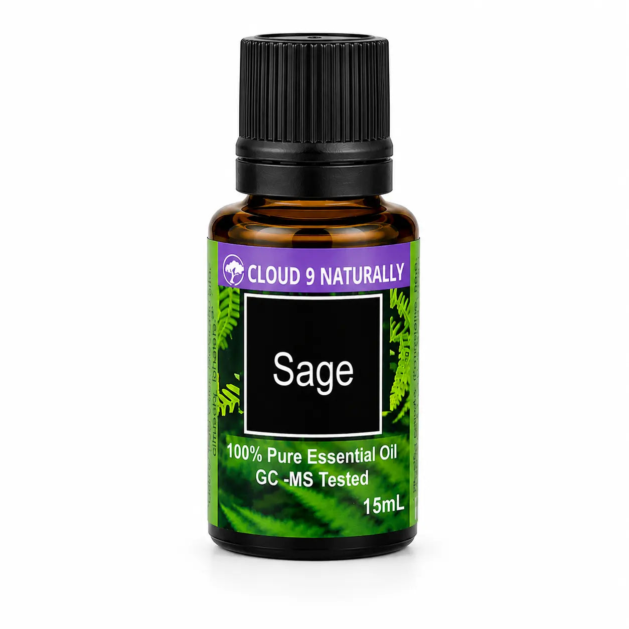 Sage essential oil on white background