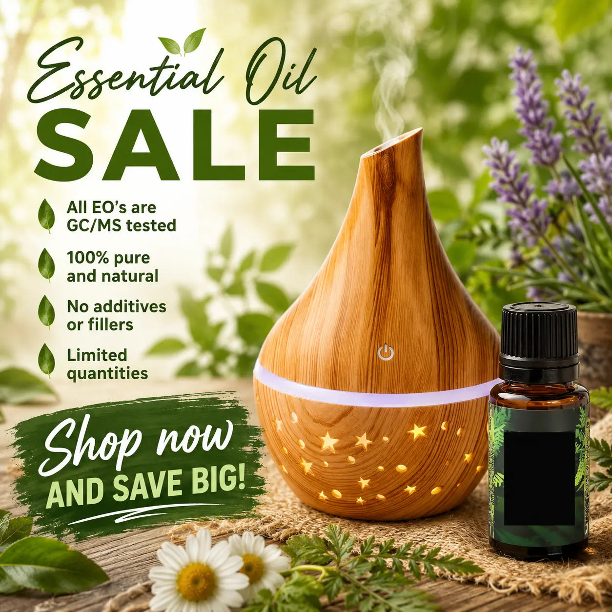 sale poster of diffuser and essential oil bottle