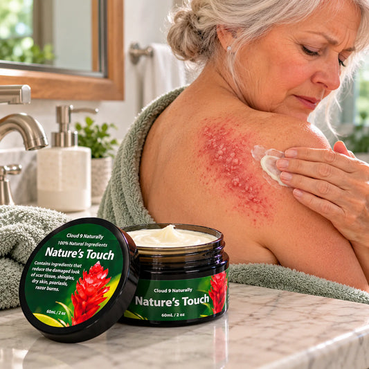 An older woman in a bathroom applies a white cream to her red, irritated shoulder area. In the foreground, an open jar of Cloud 9 Naturally 'Nature's Touch lies on a marble countertop next to its lid.