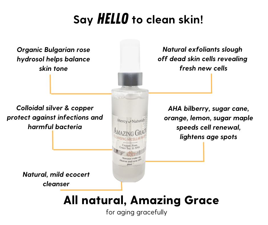 Amazing Grace: Rose, Green Tea and AHA Micellar Water 60ml gass with white and silver spray top with clear lid. 