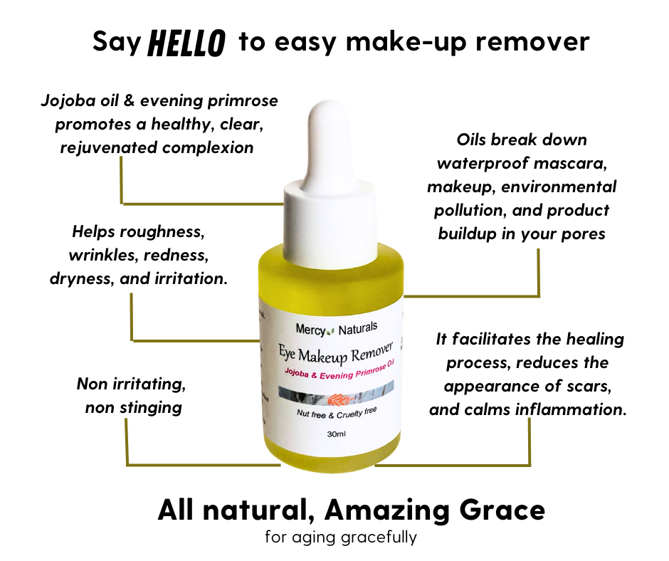 Eye make up remover 30 ml glass dropper bottle.  Jojoa oil and evening primrose oil along with other nut free oils,  Non stnging and will not buildup in pores.