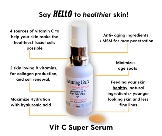 Healthier skin Vitamin C Serum anti aging, minimizes age spots, less fine lines from the hyaluronic acid, also contains vitamins B3 B6 and vitamin E in a 30 ml glass pump bottle.