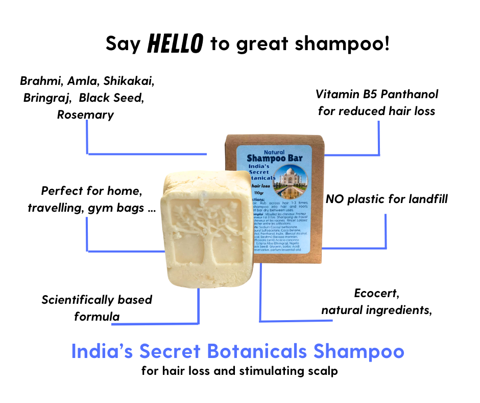 Cream colored shampoo bar for Hair loss and stimulting scalp comes in a cardboard box with a blue label.