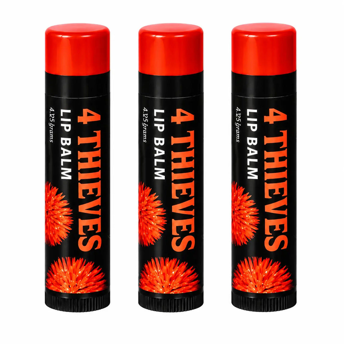 Three 4 Thieves lip balm on white background