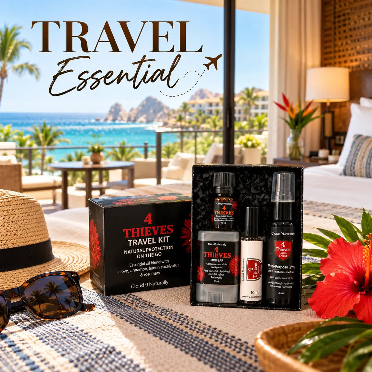 A travel essential protection kit by Cloud 9 Naturally branded, displayed in a black gift box on a beachfront patio. The kit includes a black box, an essential oil blend bottle, a small white bottle, and a multi-purpose spray.
