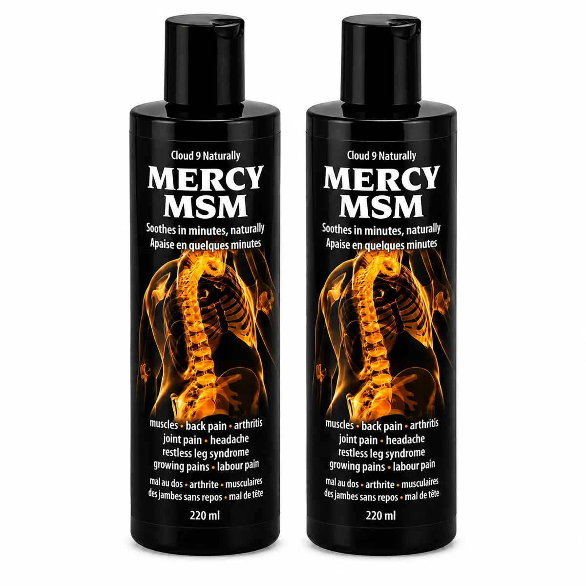 Two black bottles of Cloud 9 Naturally Mercy MSM muscle pain relief lotion side by side on a white background.