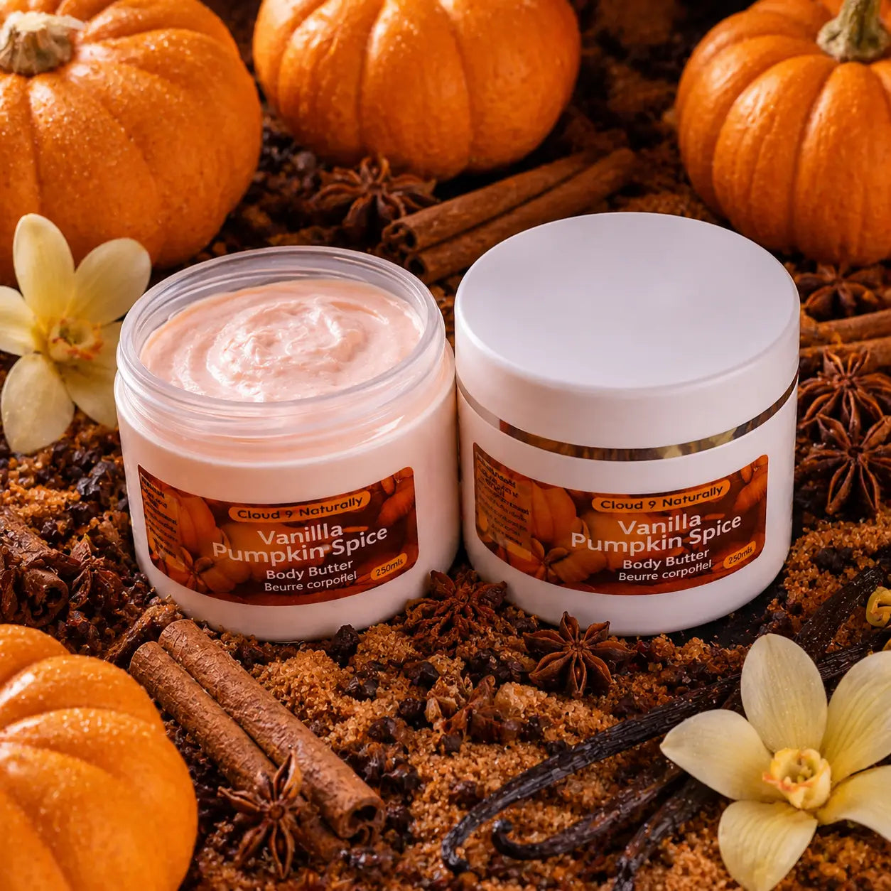 Vanilla pumpkin Spice body butter surrounded by pumpkins and spices