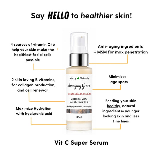 Vitamin C serum on white background with caption "say hello to healthier skin
