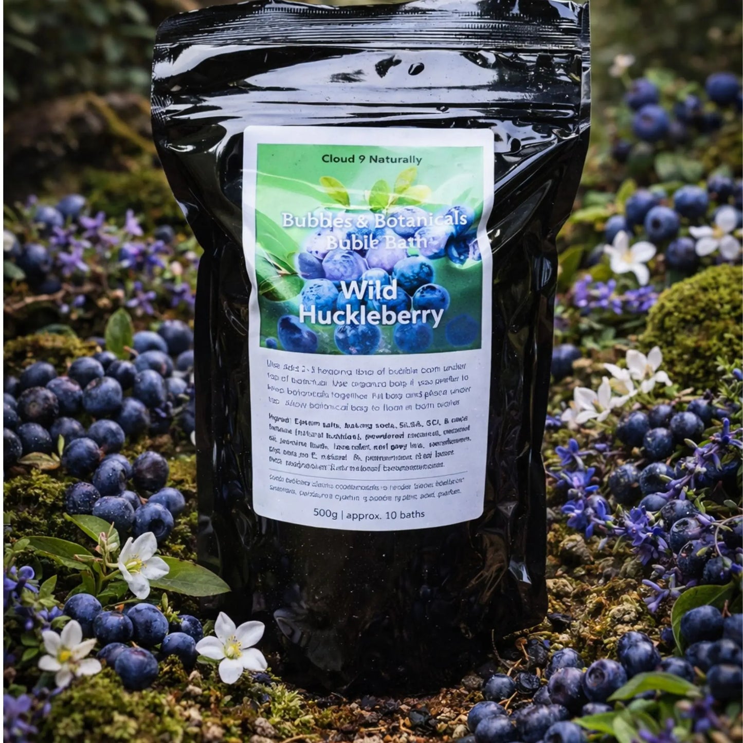 Wild Huckleberry Herbal Bubble bath surrounded by forest, moss and wild huckleberries 