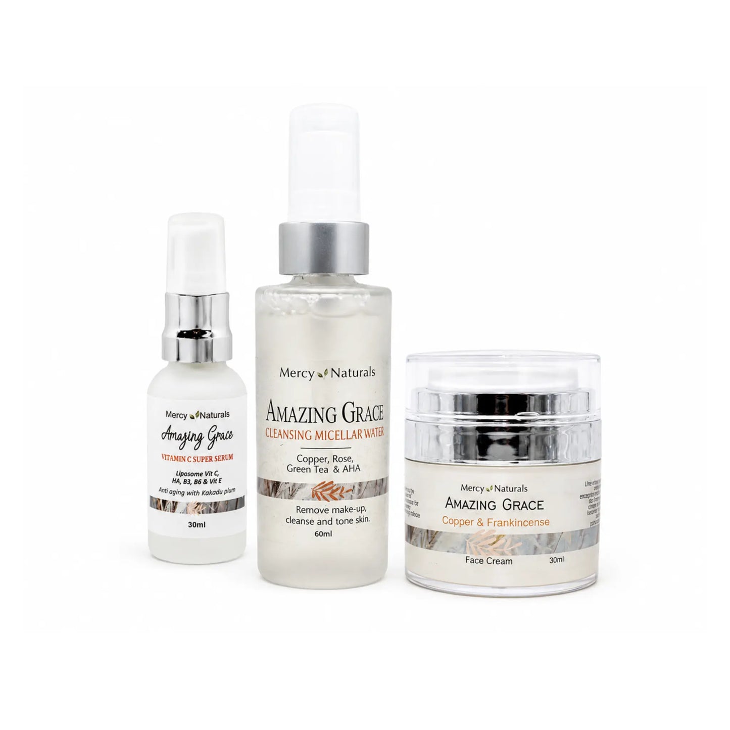 Set of skincare products from Mercy Naturals on a white background