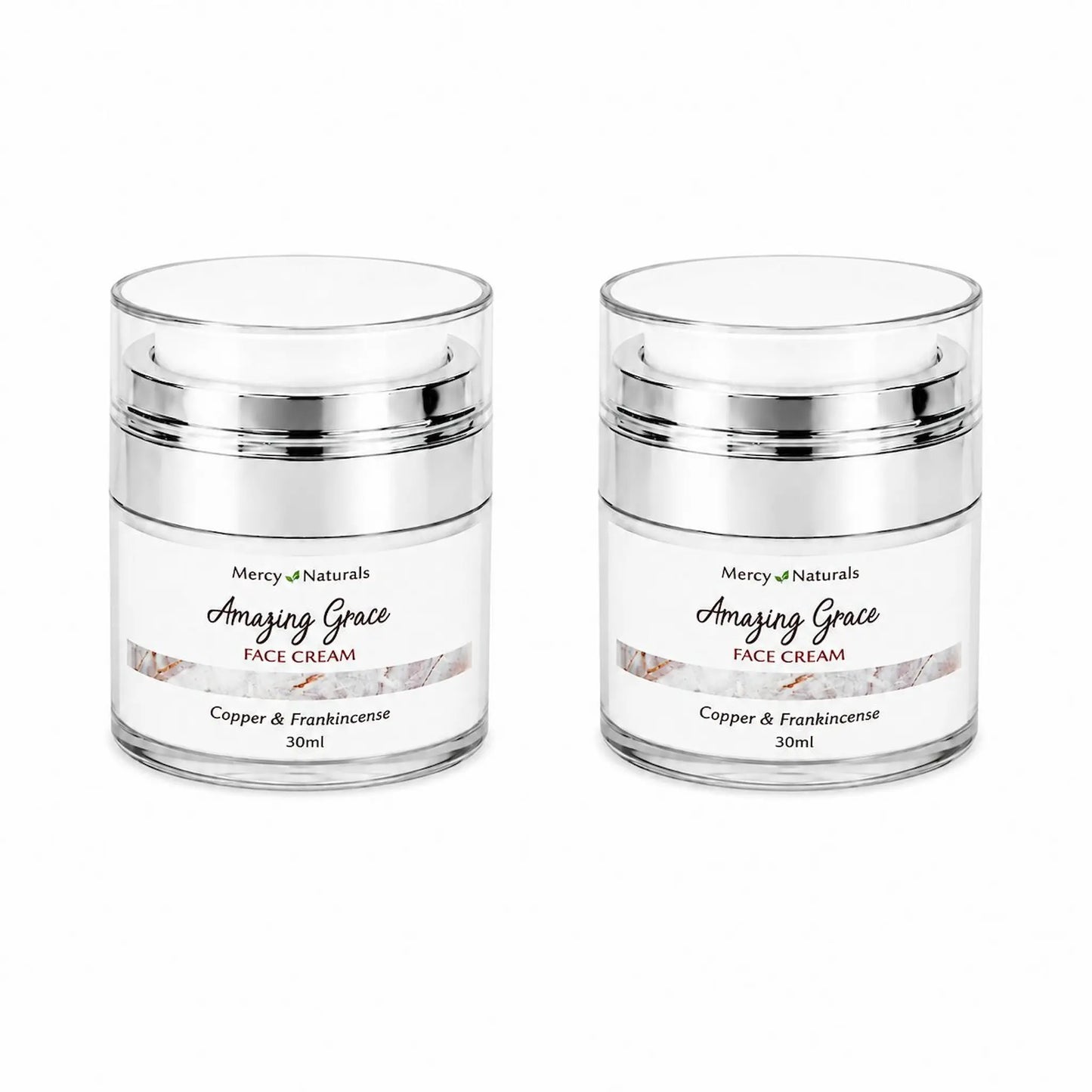 Two jars of Mercy Naturals Amazing Grace Face Cream on a white background