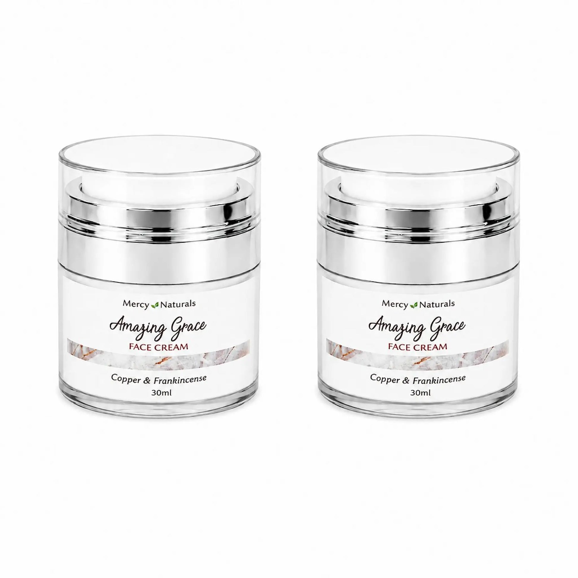 Two jars of Mercy Naturals Amazing Grace Face Cream on a white background