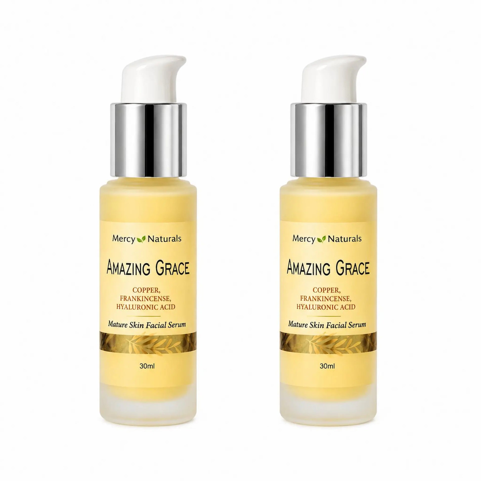 Two bottles of Mercy Naturals Amazing Grace serum on a white background