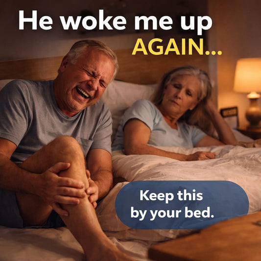 A lifestyle scene of a couple in bed, with a man sitting up in distress and the text 'He woke me up AGAIN.