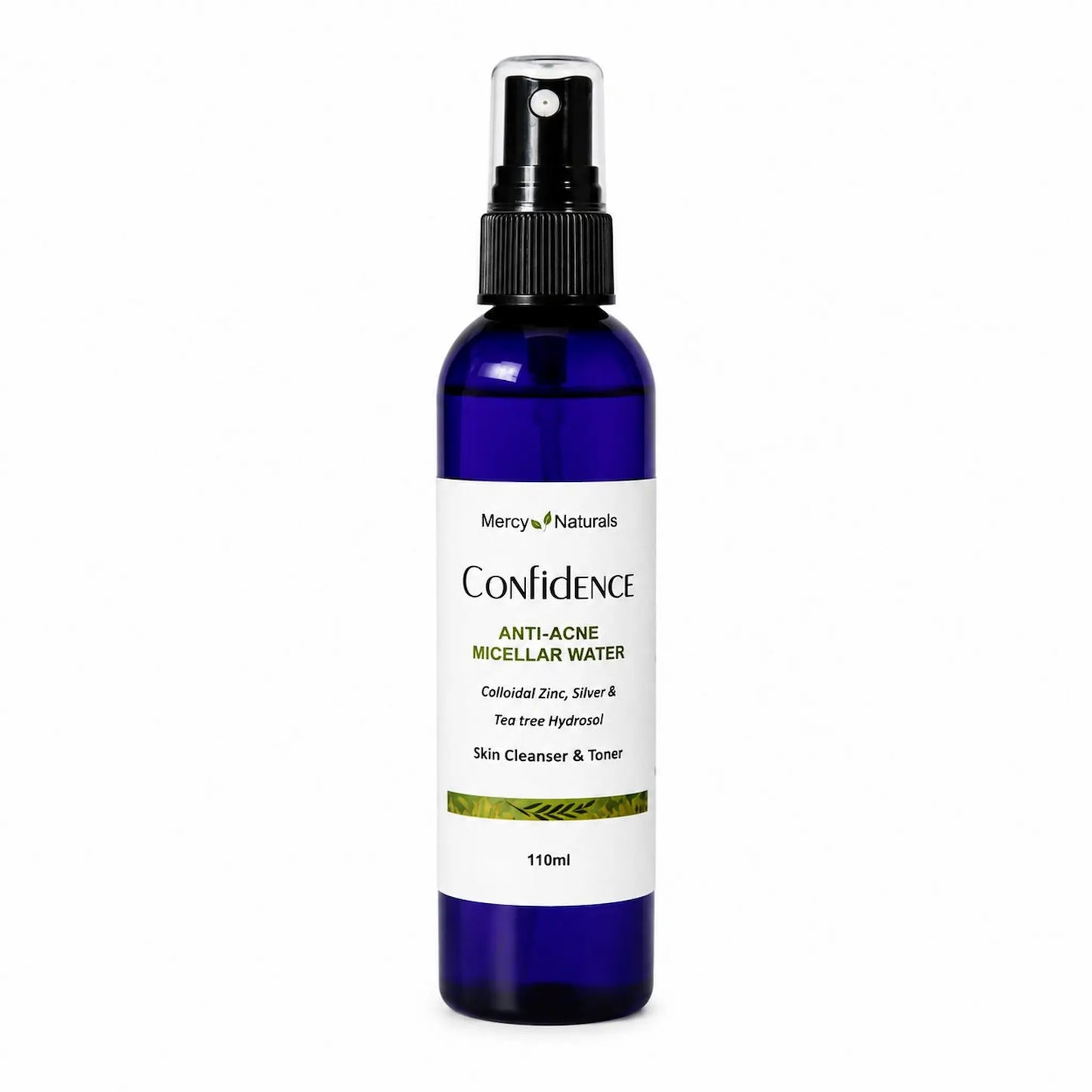 Bottle of Mercy Naturals Confidence Anti-Acne Micellar Water on a white background