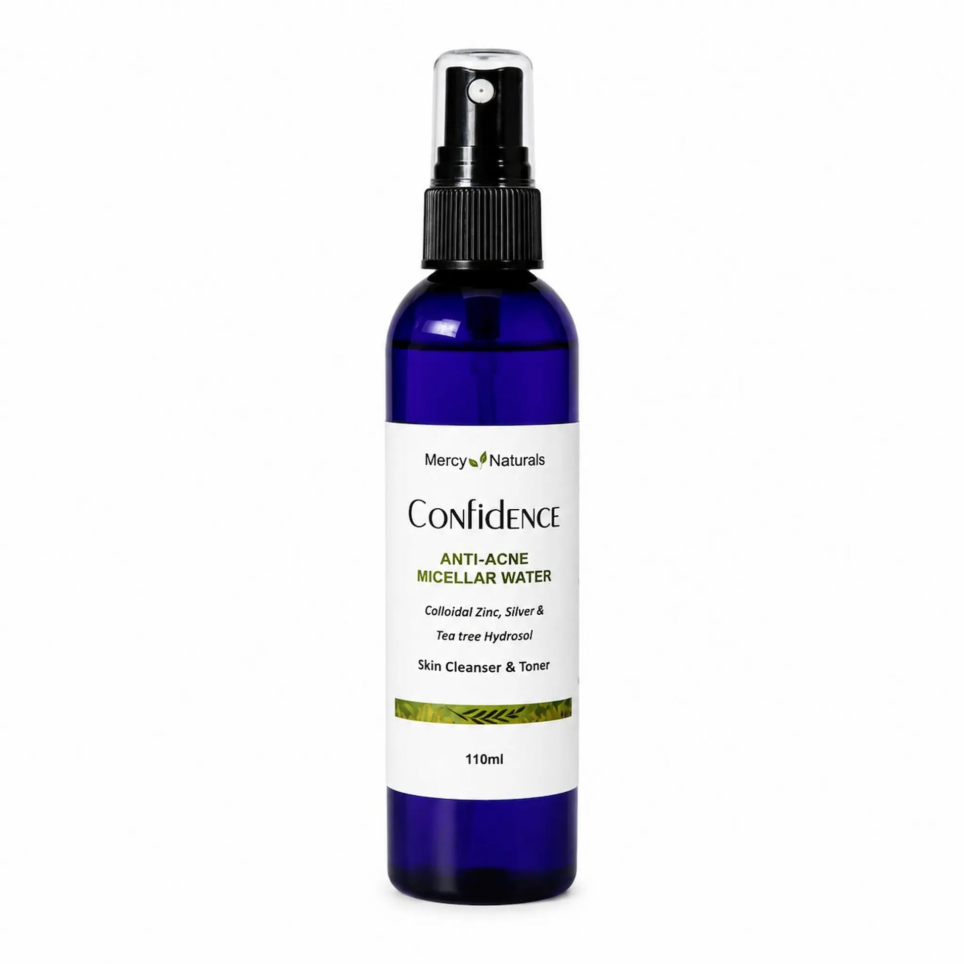 Bottle of Mercy Naturals Confidence Anti-Acne Micellar Water on a white background