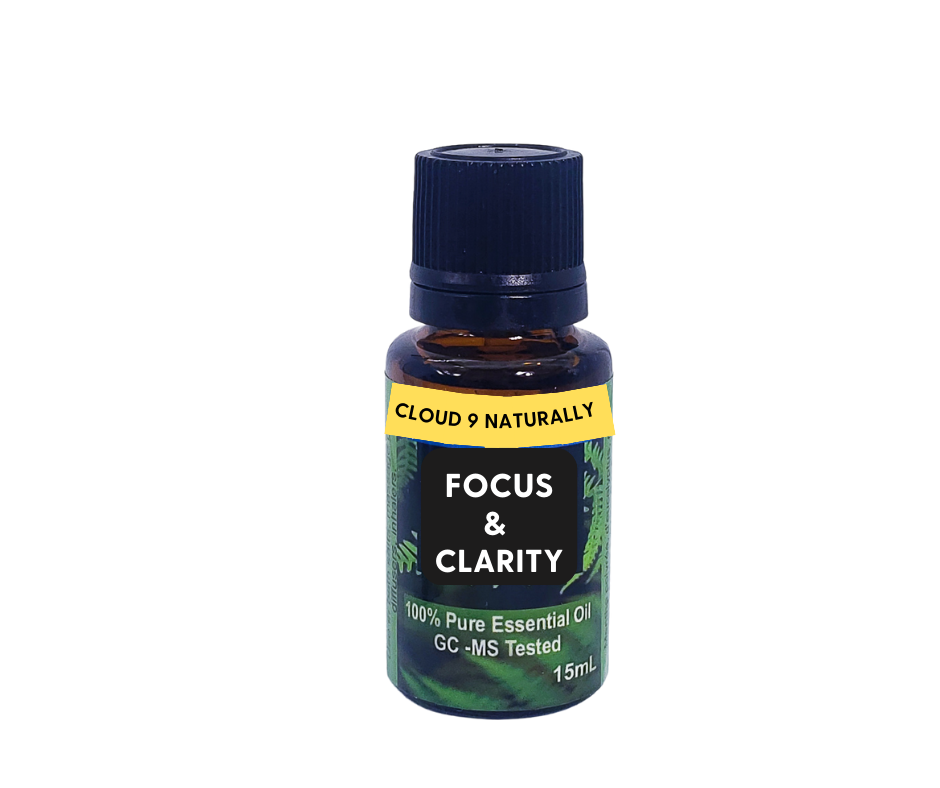 Focus and Clarity blend essential oil 15ml amber bottle.