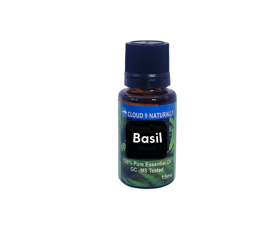 Basil essential oil 15ml amber bottle.
