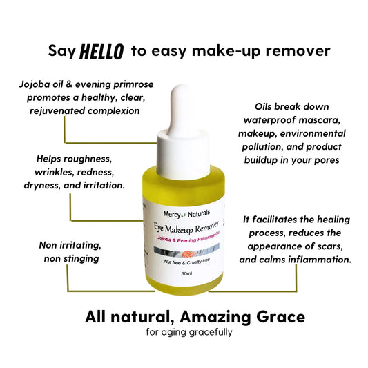 Amazing Grace eye make up remover on white background with info points