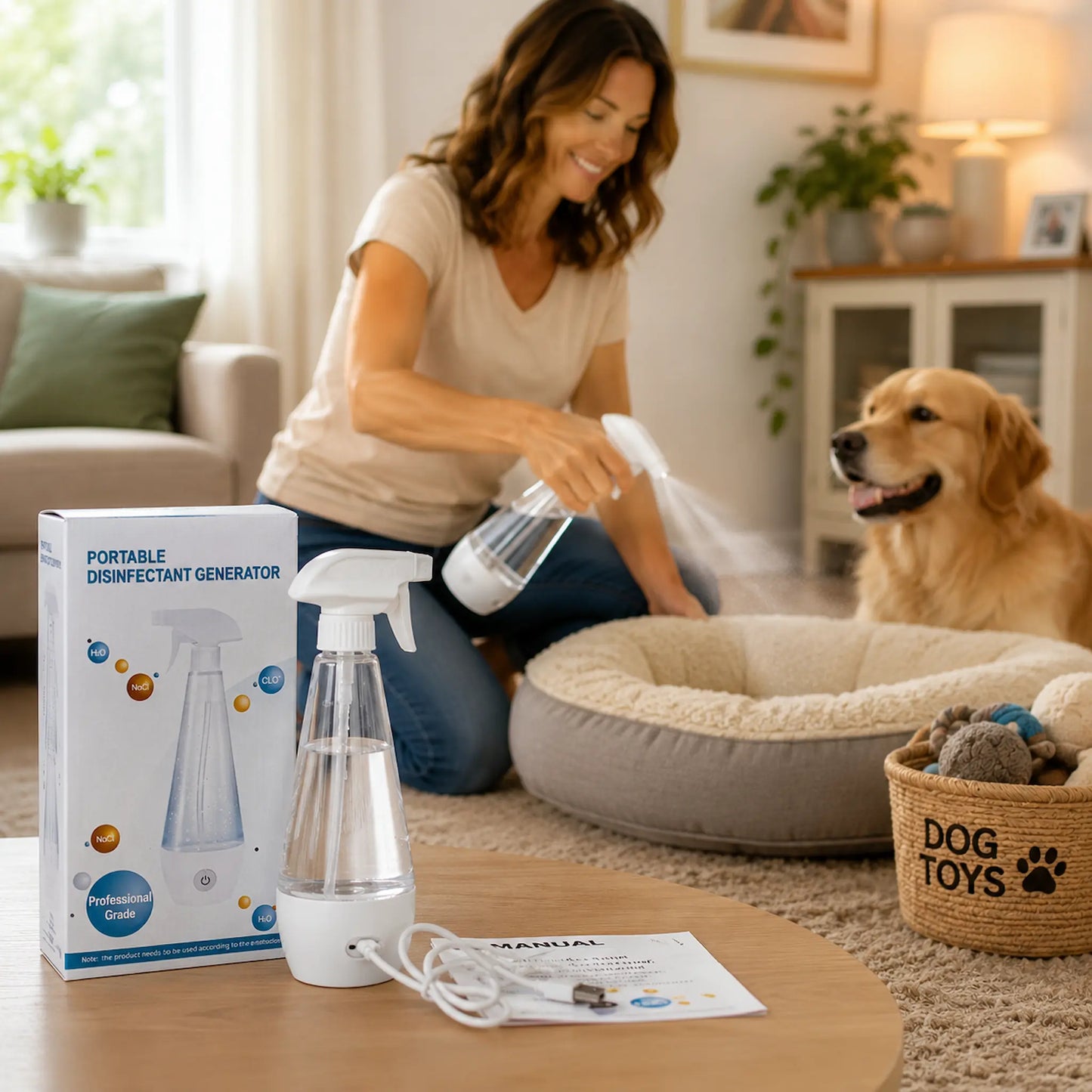 A woman in a living room sprays a dog bed with a portable disinfectant spray bottle, with its packaging box, manual, and a golden retriever dog nearby.