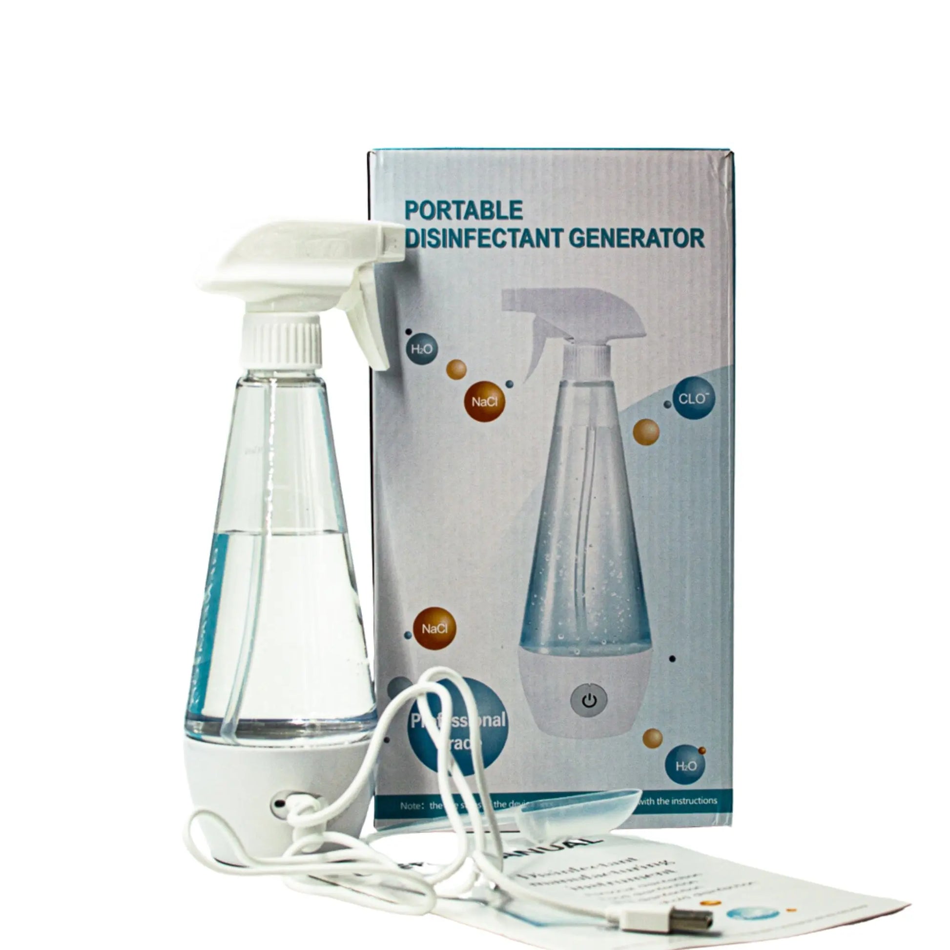 Portable disinfectant generator spray bottle with its retail box, power cord, and instruction sheet on a white background.