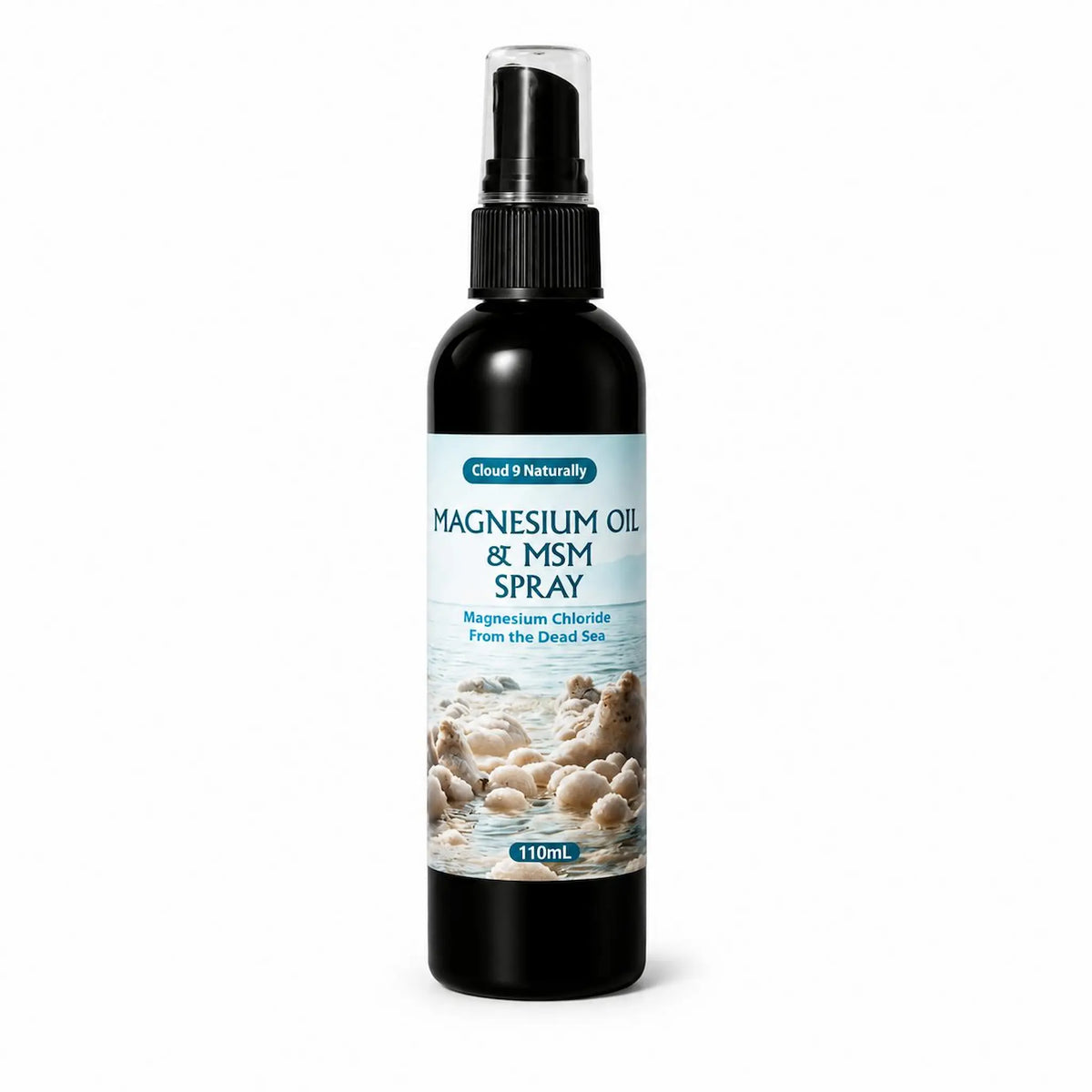 Bottle of magnesium oil and MSM spray on a white background