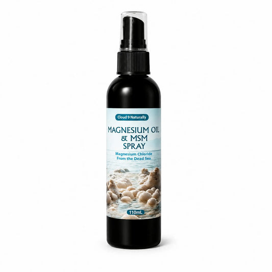 Bottle of magnesium oil and MSM spray on a white background