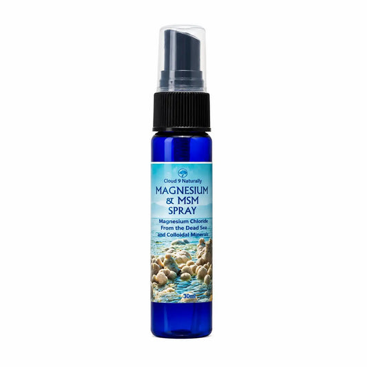 Blue spray bottle labeled 'Magnesium & MSM Spray' on a white background