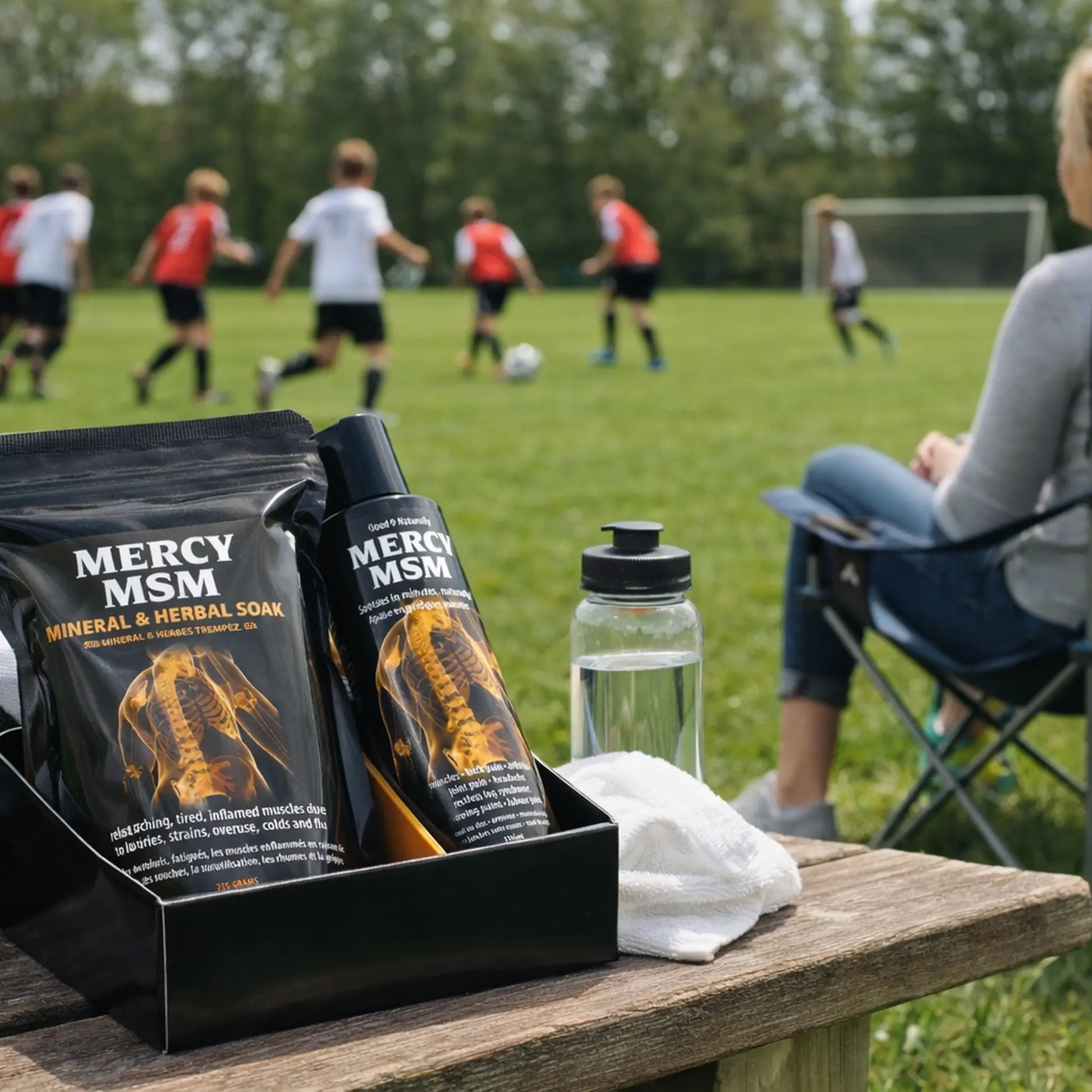 A soccer field with a boxed set of Mercy sitting on a bench