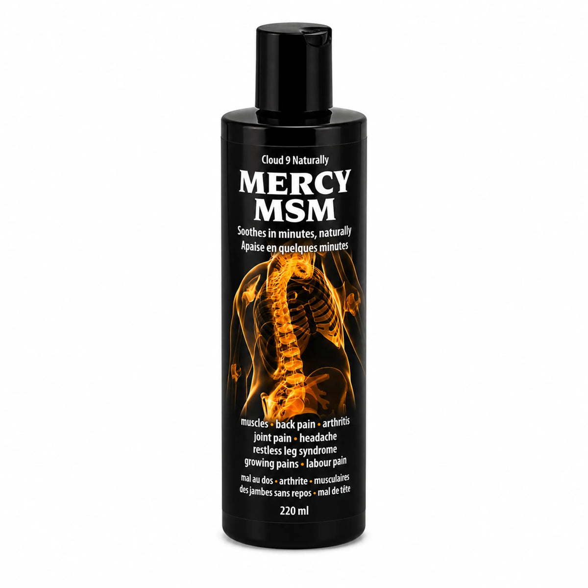 Bottle of Mercy MSM lotion with black label and skeleton illustration on a white background