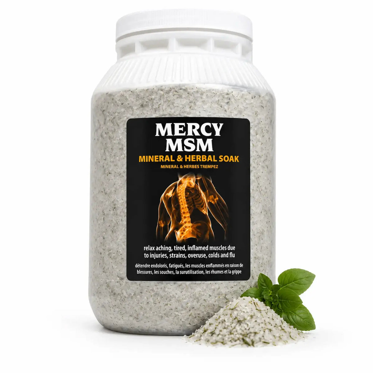 Jar of Mercy MSM Mineral & Herbal Soak with a label on a white background