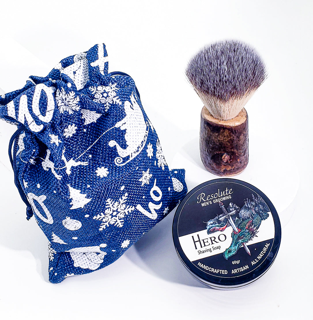 Shaving soap 60gr black plastic container a synthetic bristle hair with rose bark wooden handle brush set  in blue christmas drawstring bag.  
