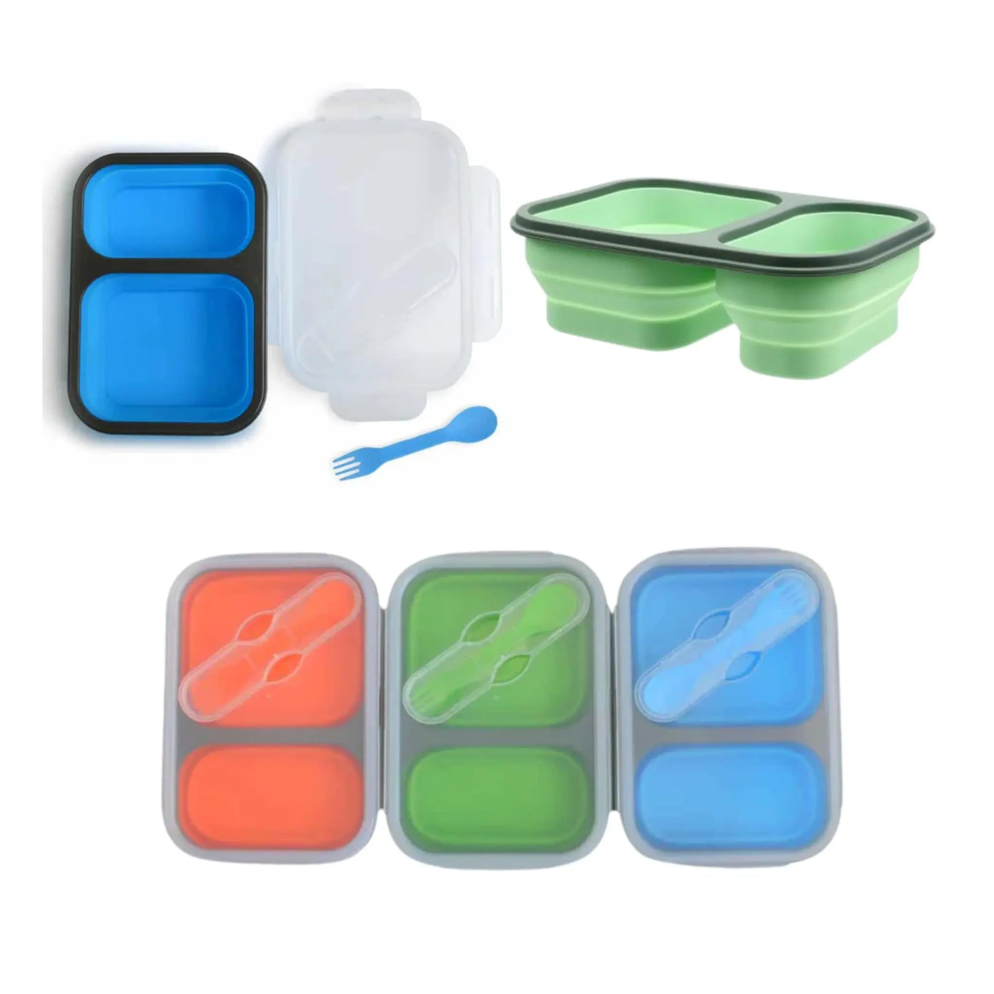 A set of silicone containers and accessories on a white background, including two compartments in blue with a black rim, a clear lid, a green two-compartment collapsible container, a blue spoon, and three open containers in orange, green, and blue showing the interior compartments and a clear plastic insert.