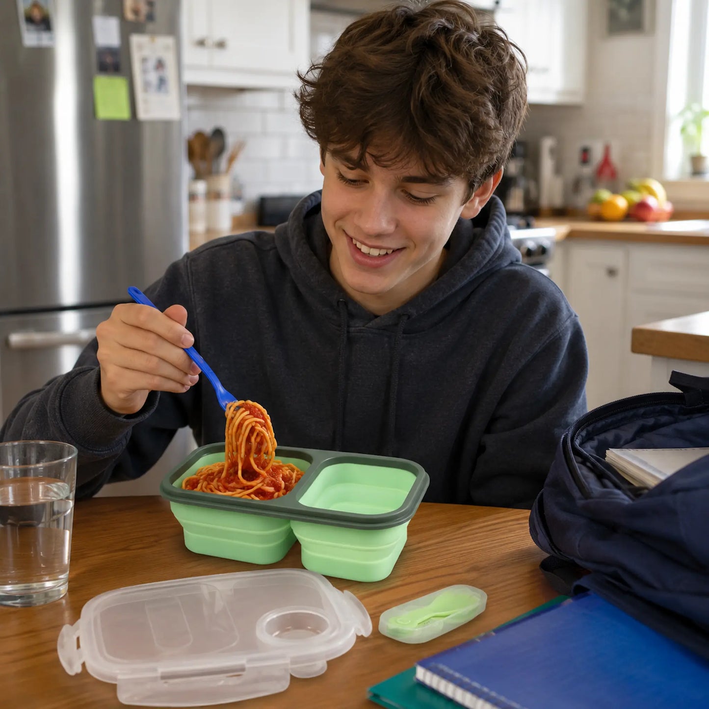 A young man in a kitchen setting using a light green silicone compartment lunch container with pasta, alongside a clear plastic lid and other lunch items on a wooden table.