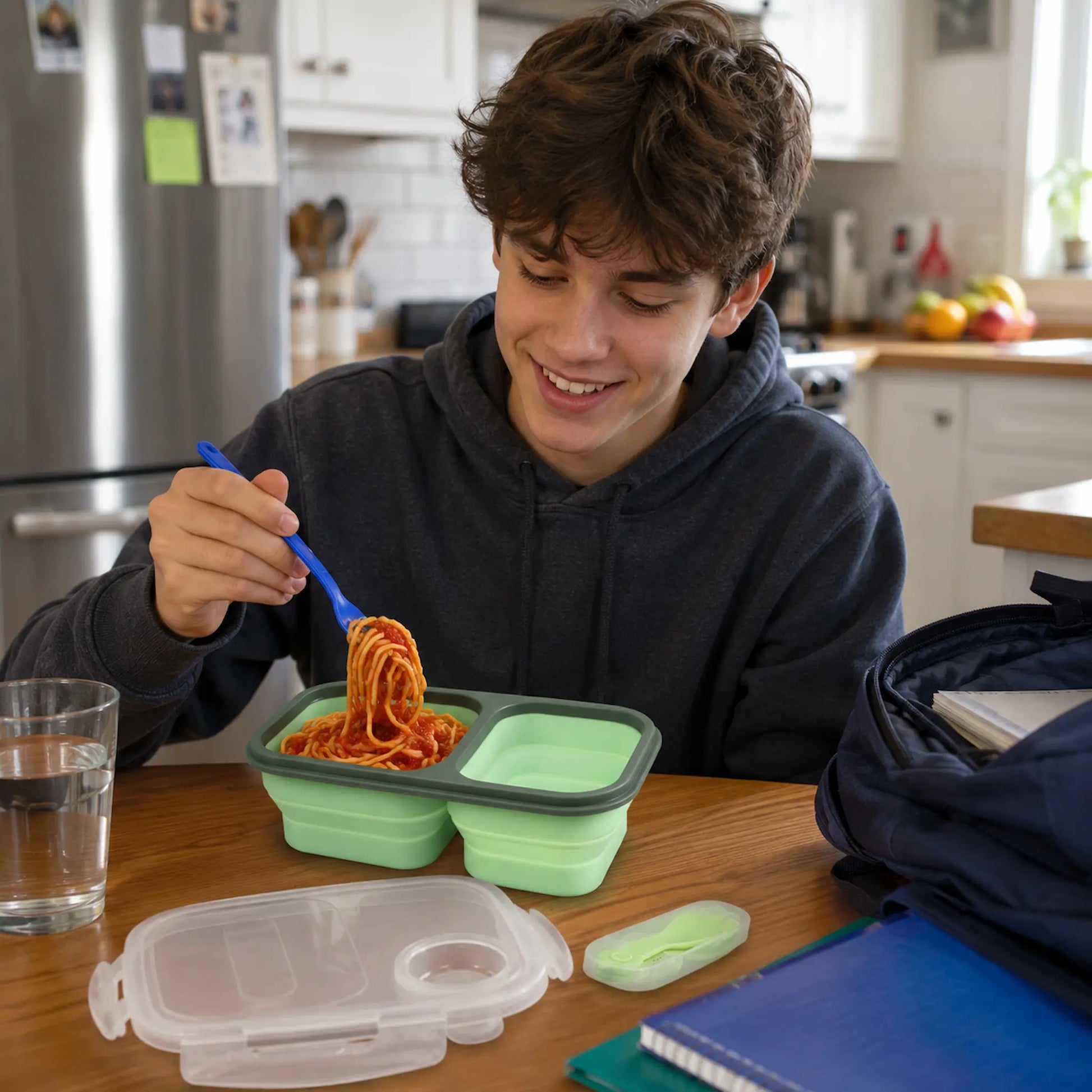 A young man in a kitchen setting using a light green silicone compartment lunch container with pasta, alongside a clear plastic lid and other lunch items on a wooden table.