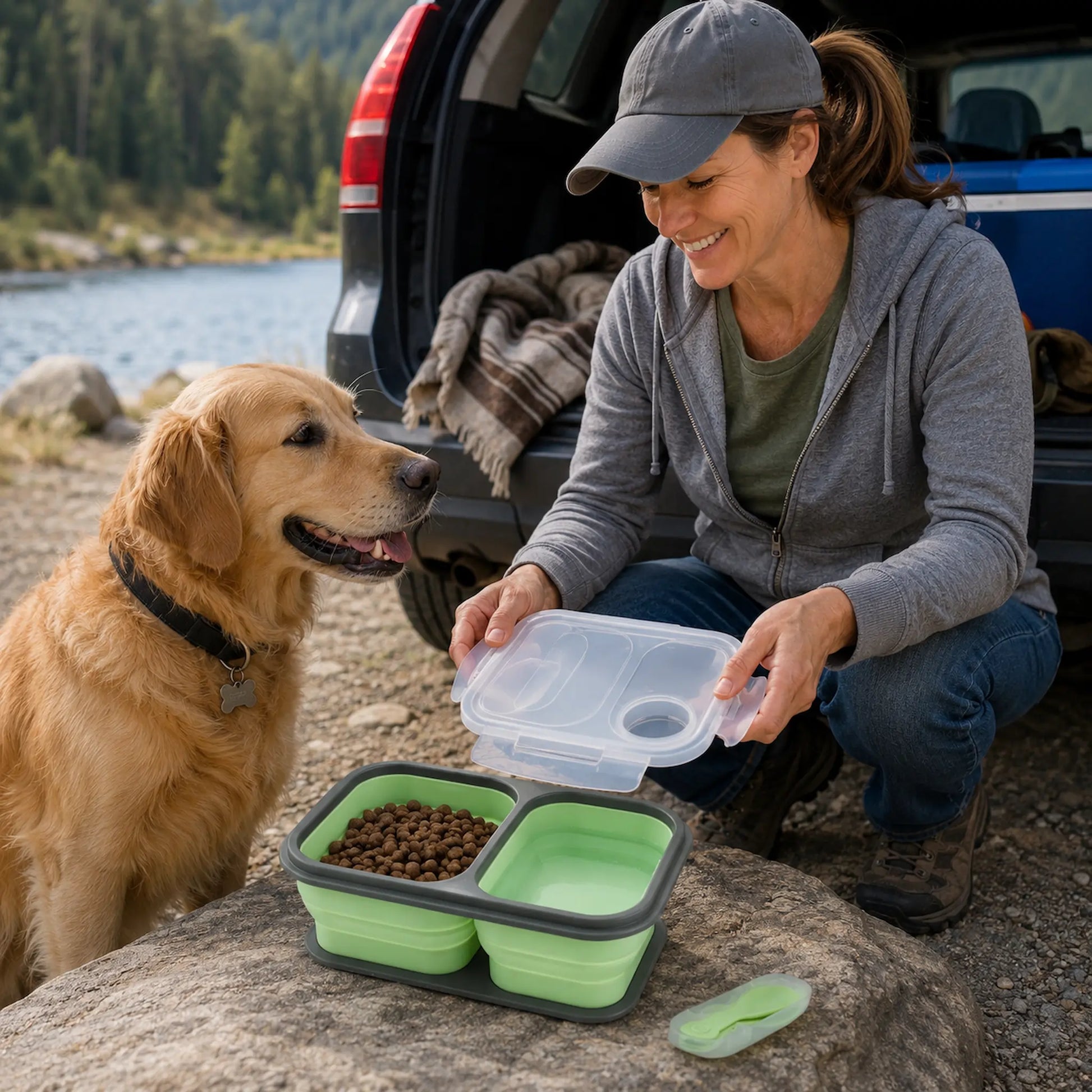 A woman crouches beside a golden retriever at the open trunk of a vehicle, showing a green and gray two-compartment pet water and food bowl with a clear lid. The outdoor setting includes a lake and forest in the background.