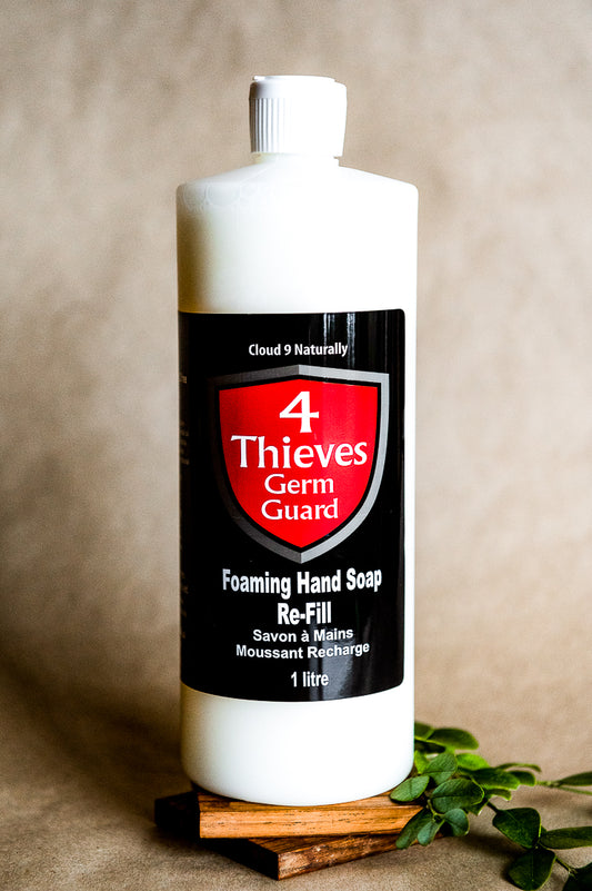 4 Thieves  Foaming Soap 1 litre refill white plastic bottle with flip top.