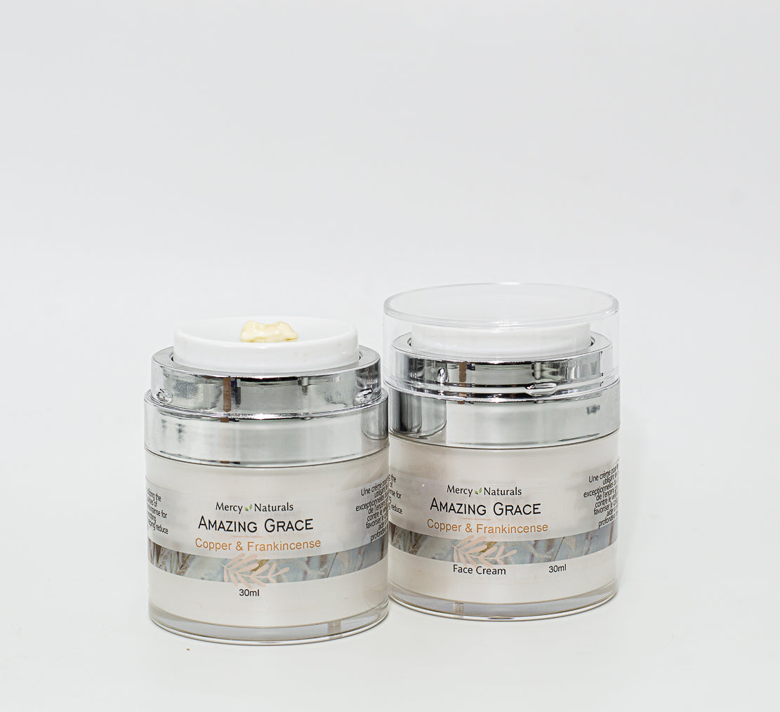 2 jars of Amazing Grace Copper and Frankincense Face Cream 30 ml white double walled plastic jar with a white pump top and clear lid.